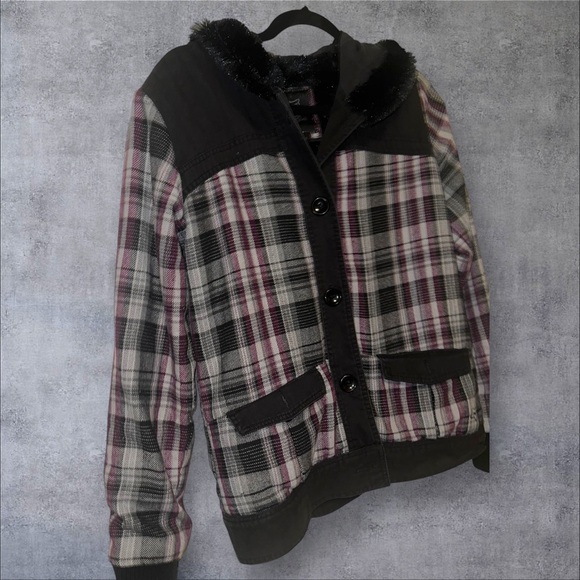 Fox Plaid Hooded Jacket with Faux Fur Trim - Picture 2 of 5